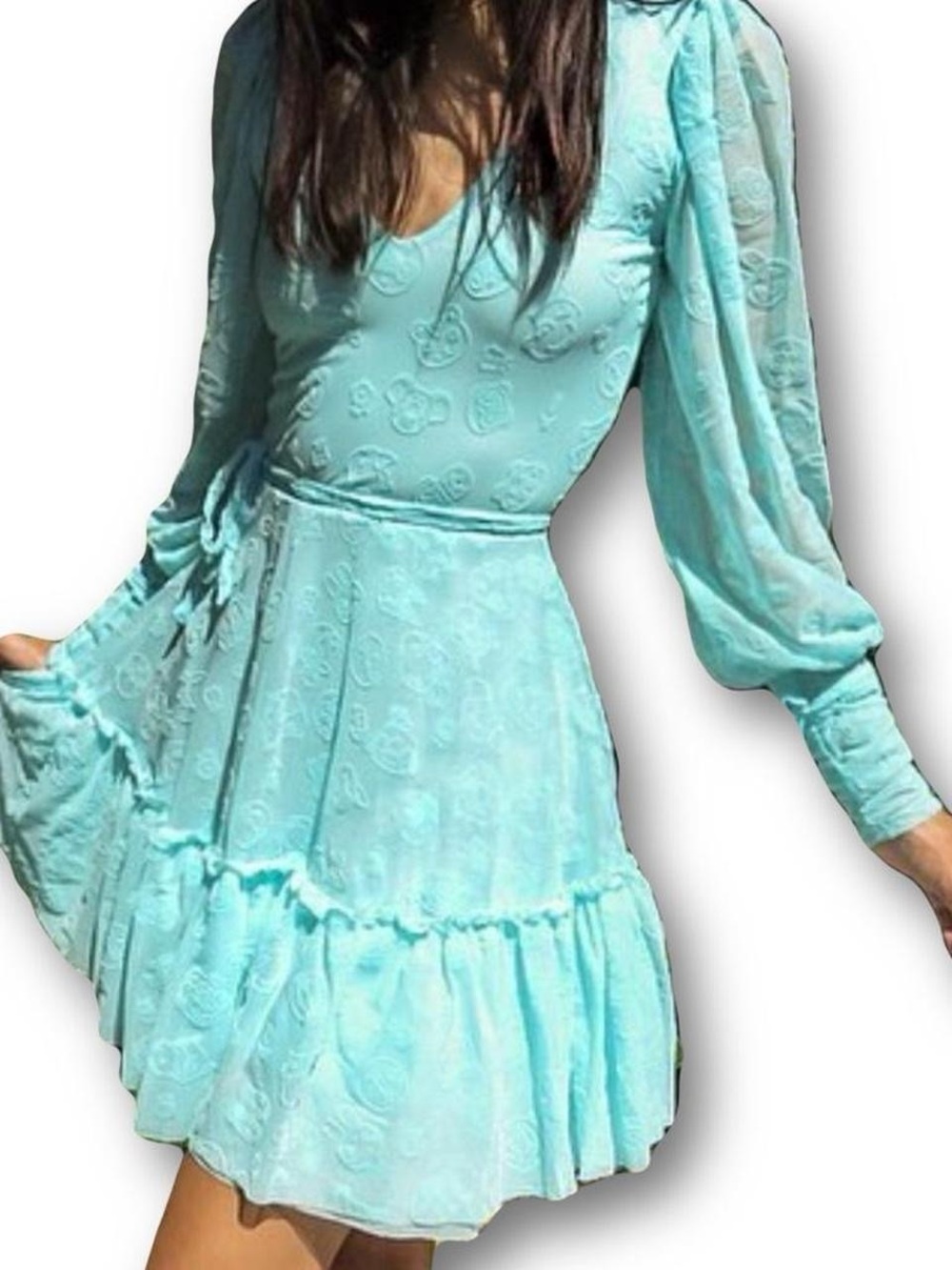 Blackmilk Nintendo Animal Crossing Mint Aqua V-Neck Sheer Sleeve Mini Dress - Picture 8 of 8